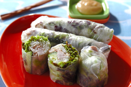 すし酢を使って簡単酢みそ！ゆで鶏の素麺生春巻き