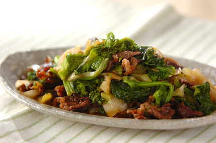 牛肉とネギと菜の花の蒸し煮