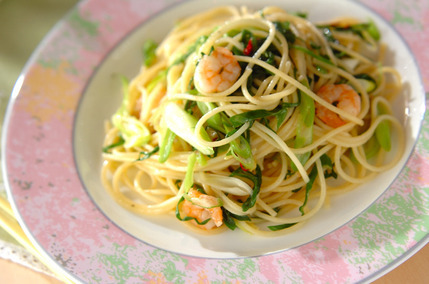 九条ネギとエビのパスタ
