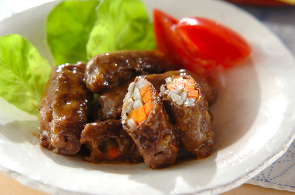 ゴボウ巻き牛肉のみそ煮