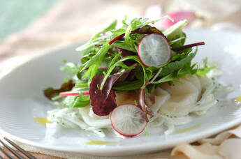 新玉ネギマリネとホタテの春のカルパッチョ