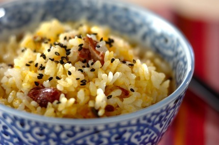 カボチャとサツマイモ、金時豆の炊き込みご飯