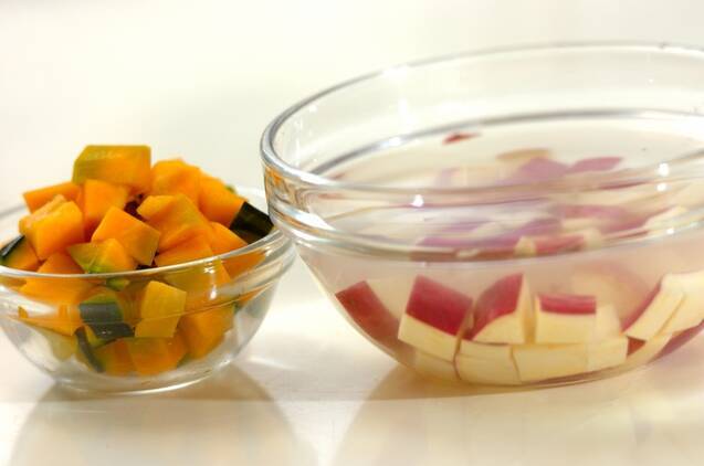 カボチャとサツマイモ、金時豆の炊き込みご飯の作り方の手順1