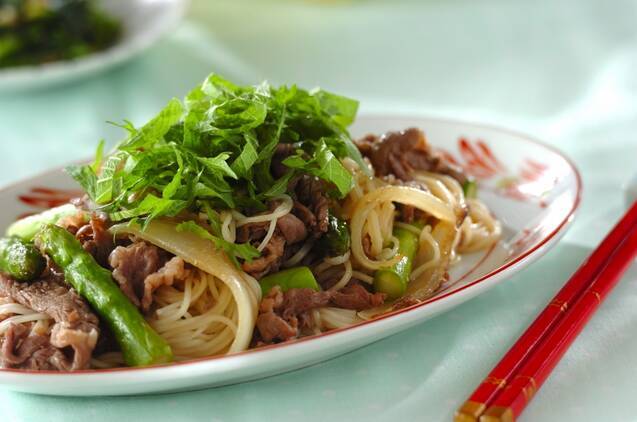 赤い模様の皿に盛り付けた中華風そうめんチャンプルー