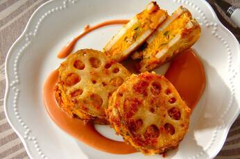 マッシュカボチャのレンコンはさみ揚げ焼き