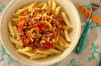 レンコンのミートソースパスタ