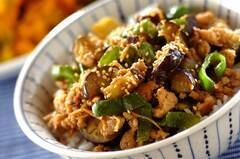 ナスとピーマンの鶏みそ丼