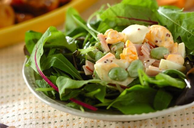 皿に盛りつけられたゆで卵と枝豆トッピングのベビーリーフサラダ