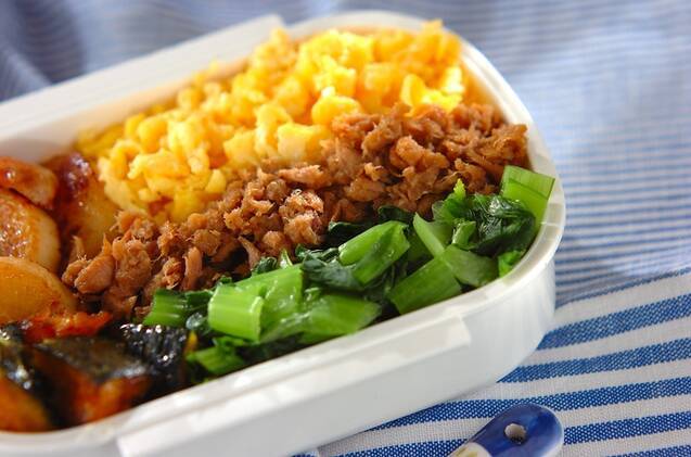 白い弁当箱に入っているツナそぼろの三色丼