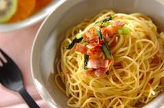 小松菜とベーコンのペペロンチーノ