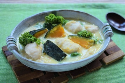 ササミと菜の花、カボチャのみそ豆乳シチュー