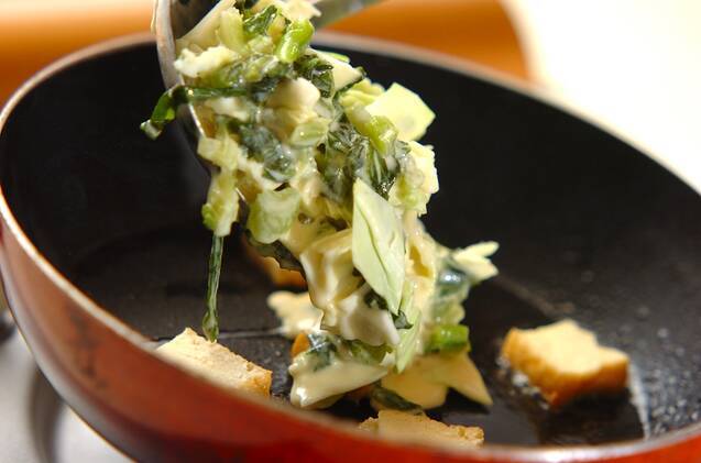 野沢菜漬けと厚揚げのお好み焼きの作り方の手順3