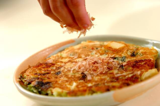 野沢菜漬けと厚揚げのお好み焼きの作り方の手順4