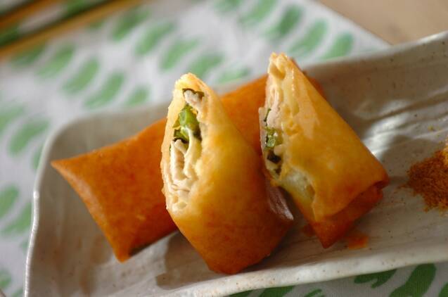 ベージュの和食器に盛り付けられたささみとクレソンとチーズの春巻き