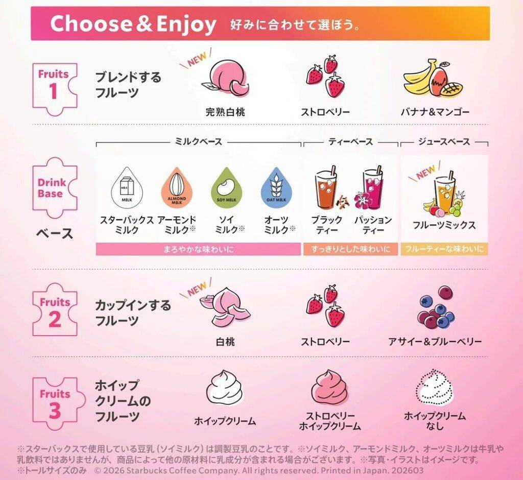 スタバ、カスタマイズ型フラペチーノに新作「完熟白桃」登場　フルーツミックスベースも新たに追加