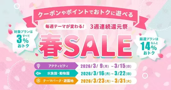 アソビュー、3月31日まで「春SALE」開催　水族館や動物園などのプラン・チケットが週替わりで最大14％オフに