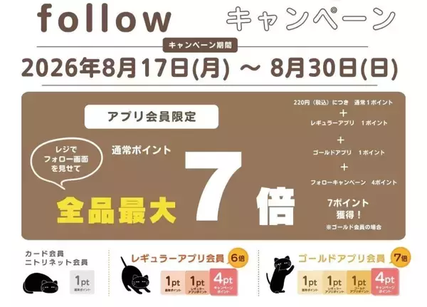 ニトリ「デコホーム」、アプリ会員限定「通常ポイント最大7倍キャンペーン」を開催　インスタフォローでポイントアップ