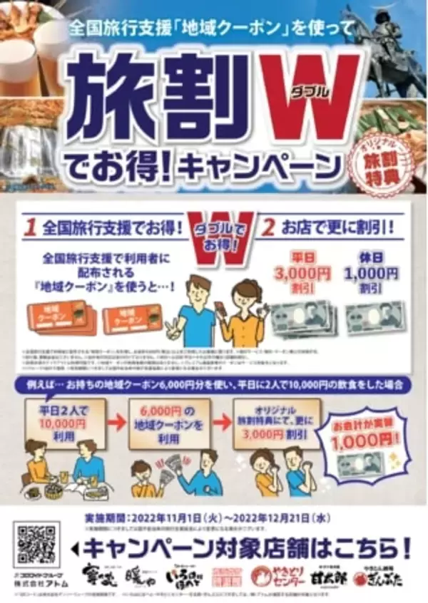 「甘太郎」などアトム運営の居酒屋で「全国旅行支援旅割 Wでお得！キャンペーン」開催　地域クーポン利用価格から更に割引