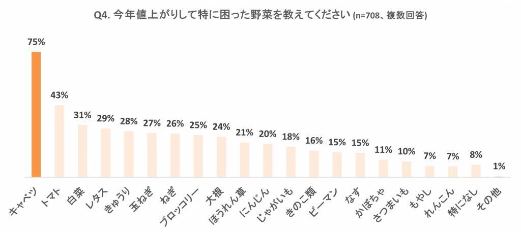 2024年の食品物価高、半数以上が月5,000円以上の食費高騰を実感　値上がりで困った野菜1位は「キャベツ」