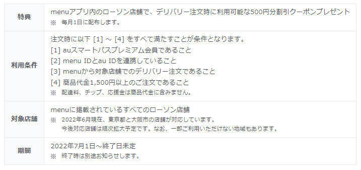 auスマートパスプレミアム会員へ「menu」内ローソンで使える500円割引クーポンをプレゼント　KDDI×ローソン×menu、デリバリー事業拡大に向け提携