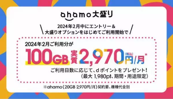 ドコモ「ahamo」、「ギガでおなかいっぱいキャンペーン」を2月1日より開催　「大盛りオプション」の利用日数に応じて最大1,980ポイント還元