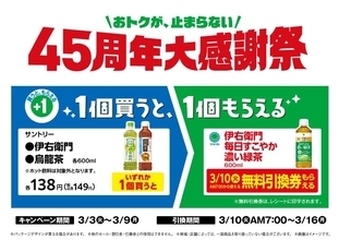 ファミリーマート、「45周年大感謝祭」を開催　3月3日からは対象のペットボトル飲料を買うともう1本もらえる施策を実施