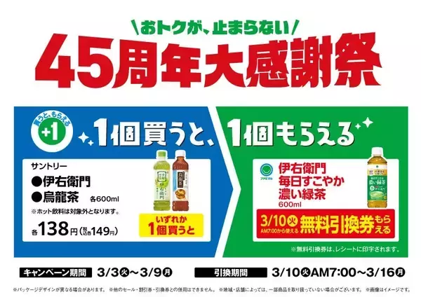 ファミリーマート、「45周年大感謝祭」を開催　3月3日からは対象のペットボトル飲料を買うともう1本もらえる施策を実施