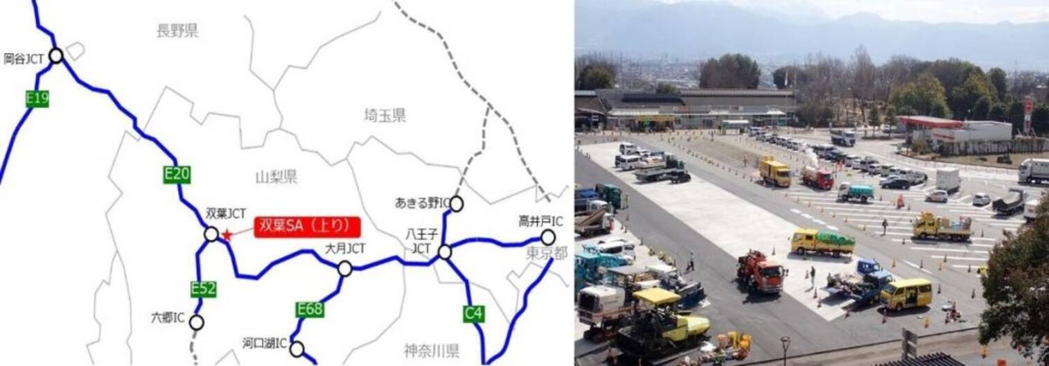 山梨県・E20中央道「双葉SA（上り）」、3月15日よりリニューアル 「普通車・大型車兼用マス」増設で大型車は45台駐車可能に - エキサイトニュース