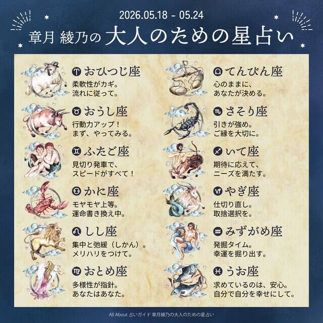 2026年5月18日～5月24日の運勢「おひつじ座～うお座」 章月綾乃の【大人のための星占い】