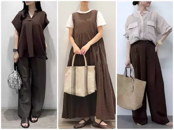 「顔まわりがスッキリ見え！ 旬のブラウンカラーでキメる「40代のきれいめセットアップ風」コーデ」の画像