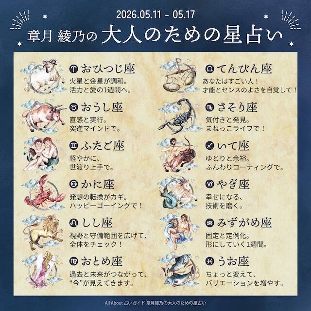 2026年5月11日～5月17日の運勢「おひつじ座～うお座」 章月綾乃の【大人のための星占い】