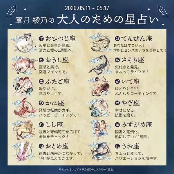 「2026年5月11日～5月17日の運勢「おひつじ座～うお座」 章月綾乃の【大人のための星占い】」の画像