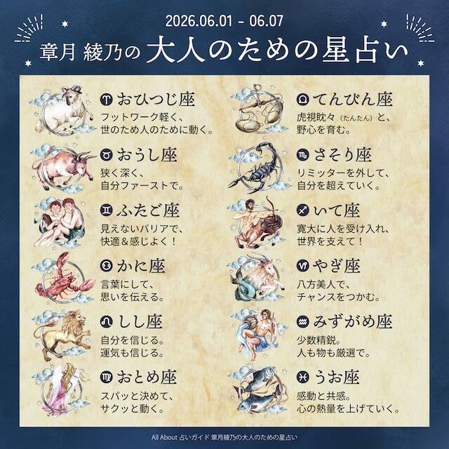 2026年6月1日～6月7日の運勢「おひつじ座～うお座」 章月綾乃の【大人のための星占い】