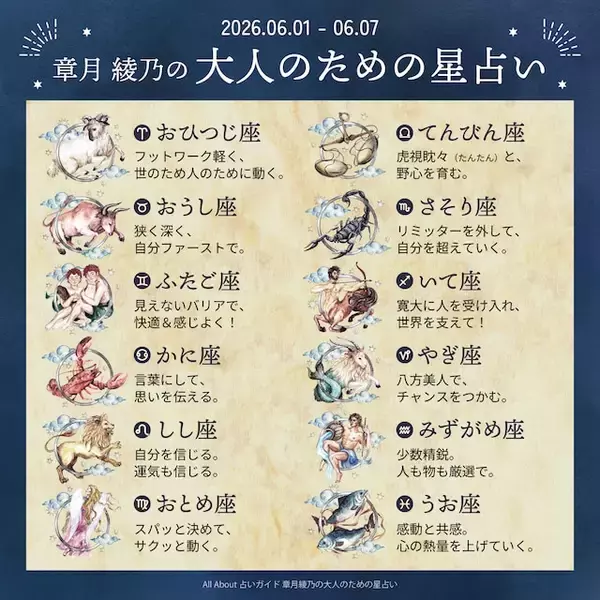 「2026年6月1日～6月7日の運勢「おひつじ座～うお座」 章月綾乃の【大人のための星占い】」の画像