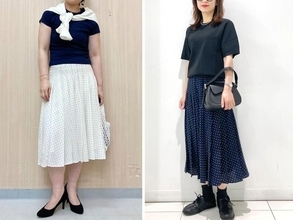 【ユニクロ】太めプリーツで脚がすらっと見え！ ドット柄が上品な「涼しげシフォンスカート」コーデ