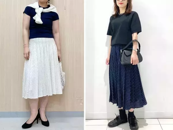 【ユニクロ】太めプリーツで脚がすらっと見え！ ドット柄が上品な「涼しげシフォンスカート」コーデ