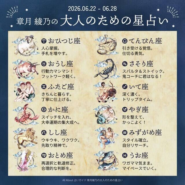2026年6月22日～6月28日の運勢「おひつじ座～うお座」 章月綾乃の【大人のための星占い】