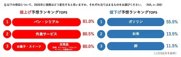 「FP200人に調査「2026年の家計見通し」値上げ・値下げが予想される品目は？【ソニー損保調査】」の画像