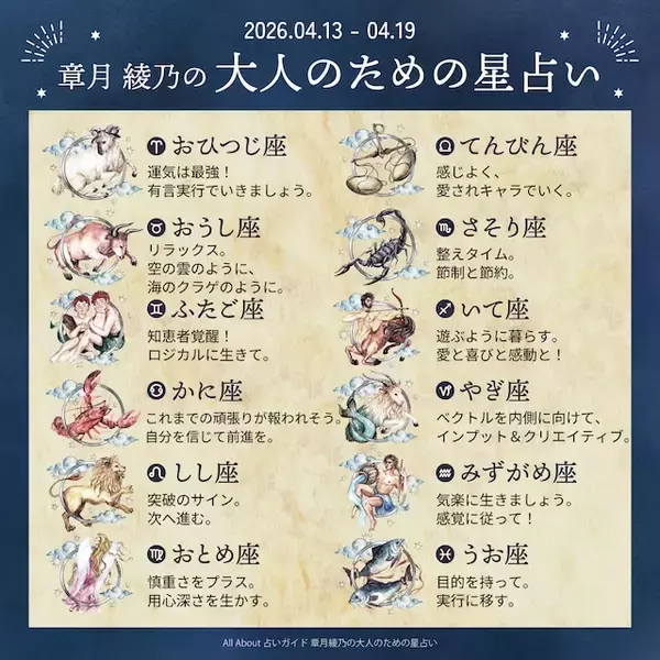 「2026年4月13日～4月19日の運勢「おひつじ座～うお座」 章月綾乃の【大人のための星占い】」の画像