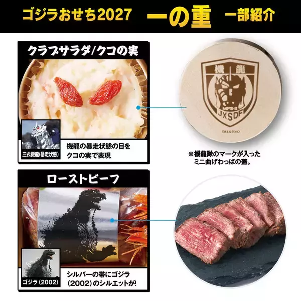 「「ゴジラ」おせち襲来!! 27年は「×メカゴジラ」モチーフ！ゴジラの足跡“練切”やモスラ“テリーヌ”で表現　重箱・特典も目白押し」の画像
