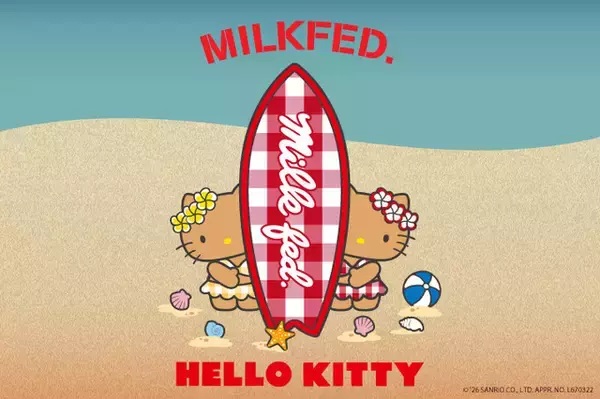 「ハローキティ＆双子の妹ミミィがL.A.のビーチで日焼け♪「MILKFED.」コラボアパレルや雑貨が登場」の画像
