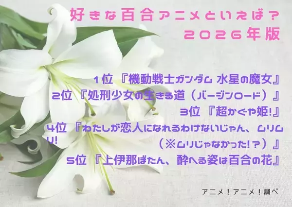 「好きな百合アニメといえば？ 3位「超かぐや姫！」、2位「処刑少女の生きる道」、1位「ガンダム 水星の魔女」＜26年版＞」の画像