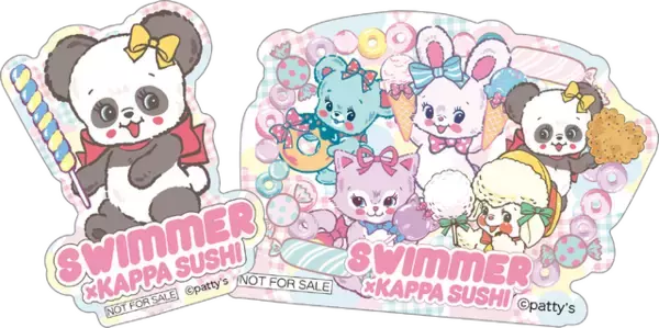 「「SWIMMER」×かっぱ寿司コラボ！ キャミーやラッフィーのレトロポップなデザインが可愛すぎる♪ 食べ放題にチャレンジしてオリジナルステッカーをゲットしよう！」の画像