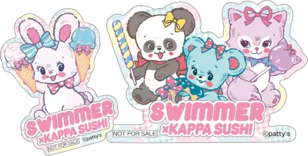 「「SWIMMER」×かっぱ寿司コラボ！ キャミーやラッフィーのレトロポップなデザインが可愛すぎる♪ 食べ放題にチャレンジしてオリジナルステッカーをゲットしよう！」の画像