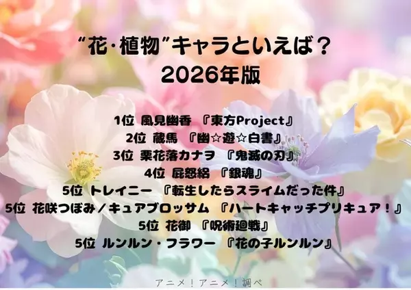 「“花・植物”キャラといえば？ 3位「鬼滅の刃」栗花落カナヲ、2位「幽☆遊☆白書」蔵馬、1位「東方Project」風見幽香＜26年版＞」の画像