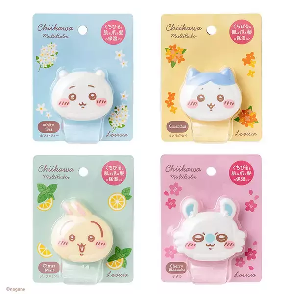 「ぷっくりフェイスがかわいい♪ ちいかわ、ハチワレ、うさぎ、モモンガのマルチバーム登場！ 髪・唇・爪の保湿などマルチに使える」の画像