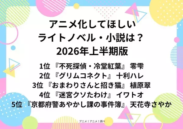 「アニメ化してほしいライトノベル・小説は？ 3位「おまわりさんと招き猫」、2位「グリムコネクト」、1位「不死探偵・冷堂紅葉」 ＜26年上半期版＞」の画像