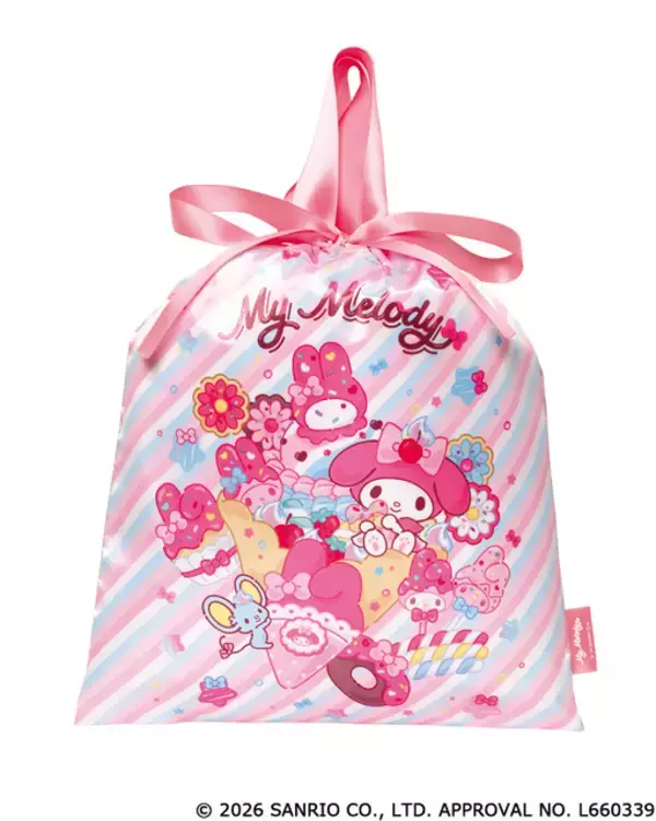 「「サンリオ」キティ、シナモロール達がクレープをもぐもぐ♪ ツヤツヤ生地の巾着がカプセルトイに登場！5月上旬から」の画像