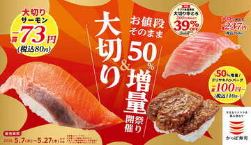 80円ネタも！「大切り＆お値段そのまま50％増量祭り」かっぱ寿司で