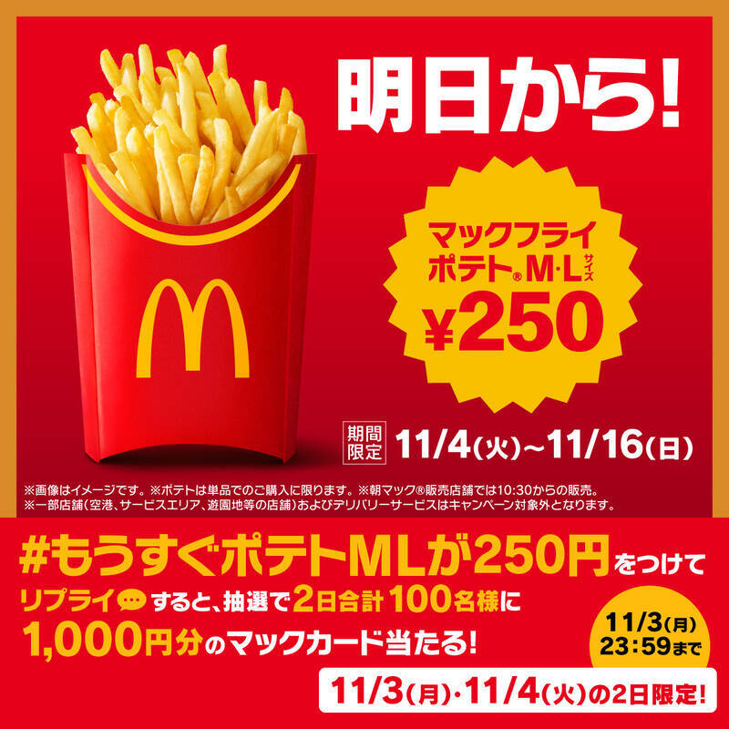 「マックフライポテト」が最大130円引きに！13日間限定キャンペーンを開催
